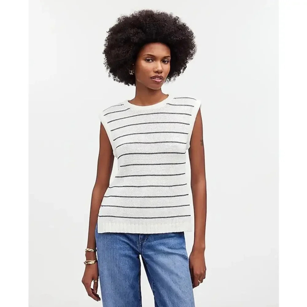 NEW Madewell Women’s Small Bright Ivory Puff-Trim Sweater Vest in Stripe NWT